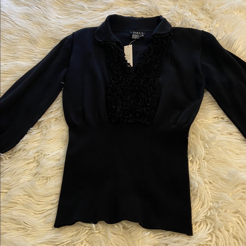 Sara L Black Mid Sleeve Top with Ruffle Detail size M brand new length 27” - Picture 8 of 8
